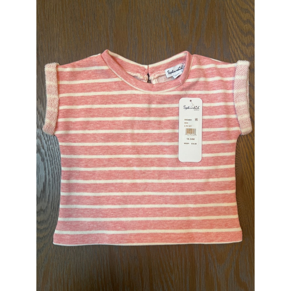 Splendid Girls Pink White Striped French Terry Top Rolled Cuff 18-24M NWT